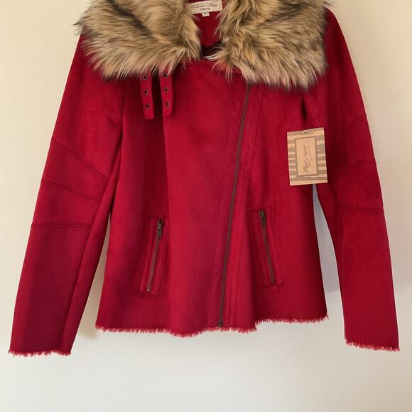 Tasha Polizzi Red Suede Moto Jacket Sz M Detachable Faux Fur Collar Asymmetrical - Picture 9 of 16